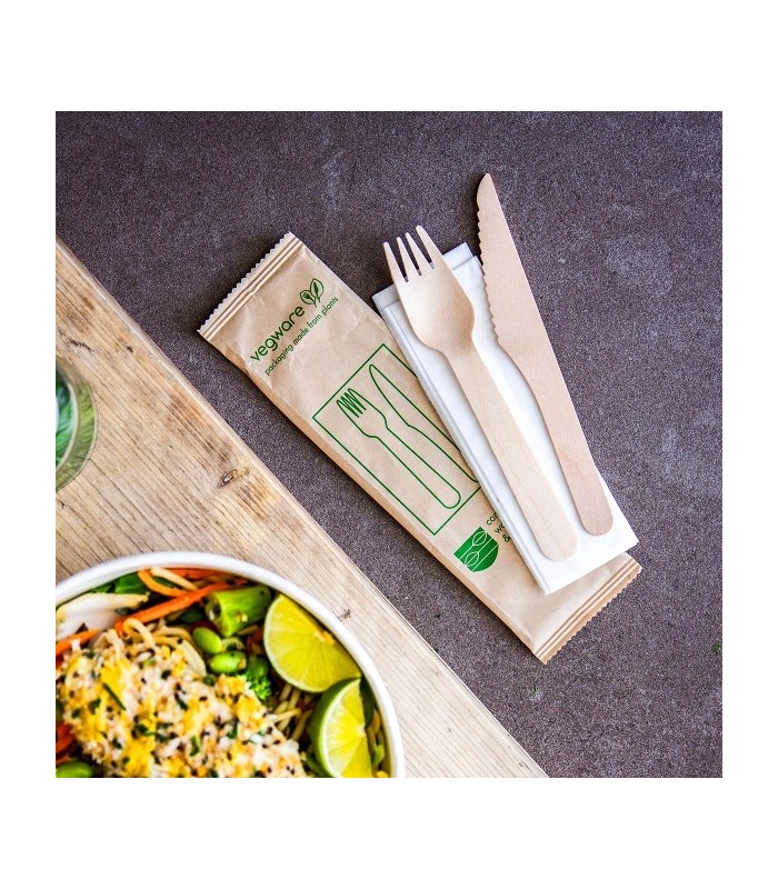 Couverts Jetables En Bois 250 Kits - Fourchette/couteau/cuillère/serviette - Biodégradable