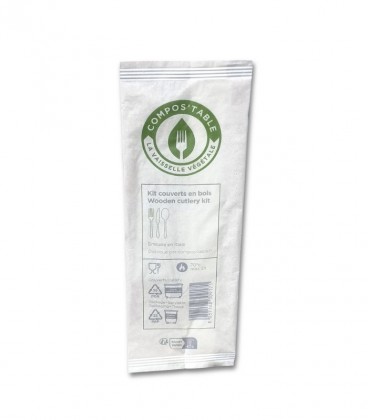 KIT DE 3 COUVERTS (16CM) EN BOIS + SERVIETTE BIODEGRADABLE COMPOSTABLE EMBALLAGE PAPIER